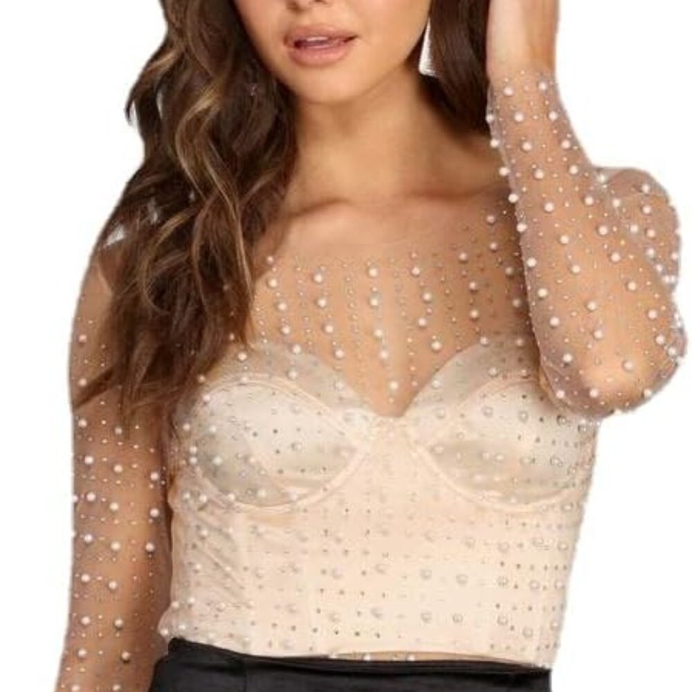 Women's Sexy Pearl Rhinestone Tops See Through Mesh Long Sleeve size L. h09